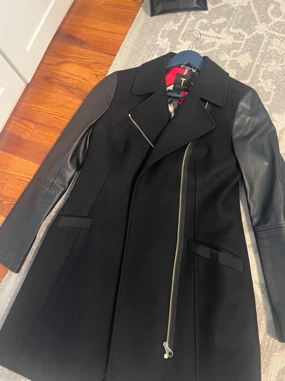 Ted Baker Black Coat with Red and Pink Floral Lining like new